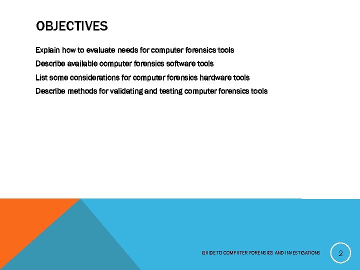 OBJECTIVES Explain how to evaluate needs for computer forensics tools Describe available computer forensics