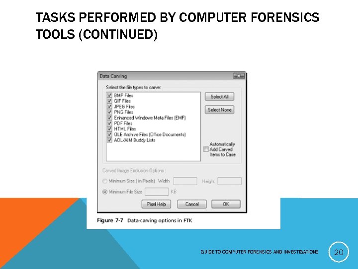 TASKS PERFORMED BY COMPUTER FORENSICS TOOLS (CONTINUED) GUIDE TO COMPUTER FORENSICS AND INVESTIGATIONS 20