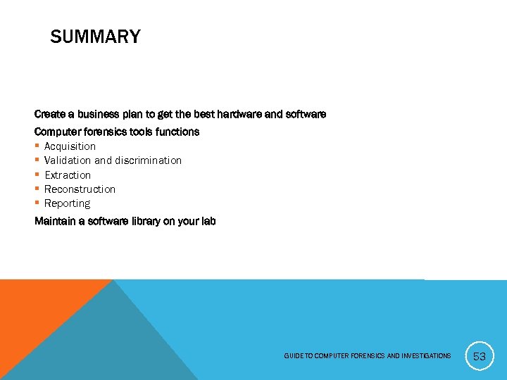 SUMMARY Create a business plan to get the best hardware and software Computer forensics