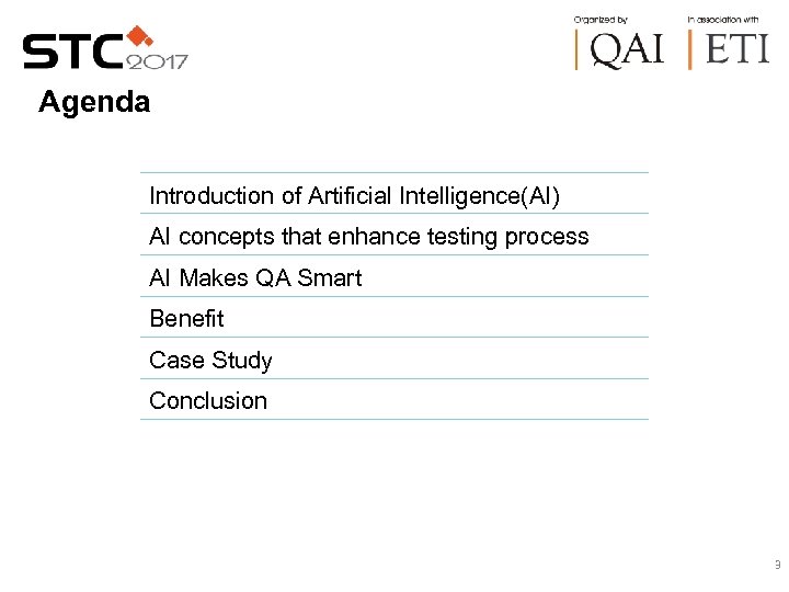 Agenda Introduction of Artificial Intelligence(AI) AI concepts that enhance testing process AI Makes QA