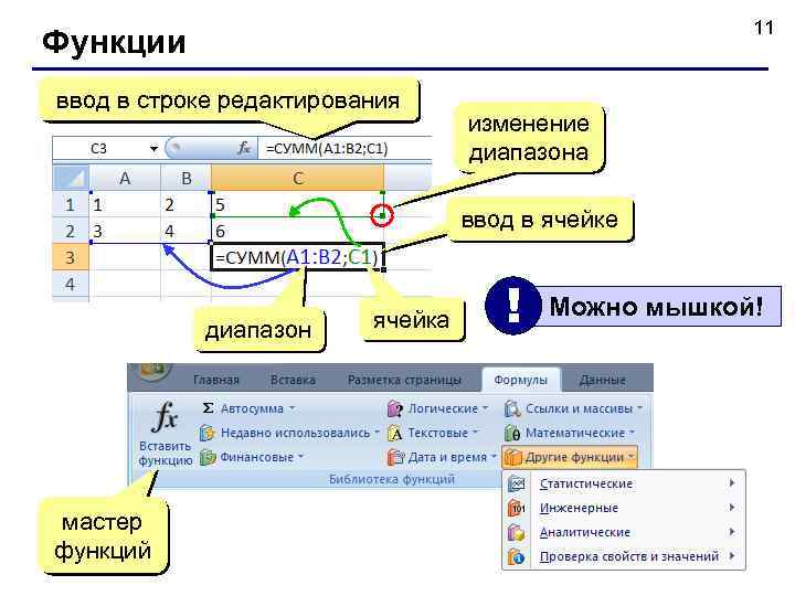 11 Функции ввод в строке редактирования изменение диапазона ввод в ячейке диапазон мастер функций