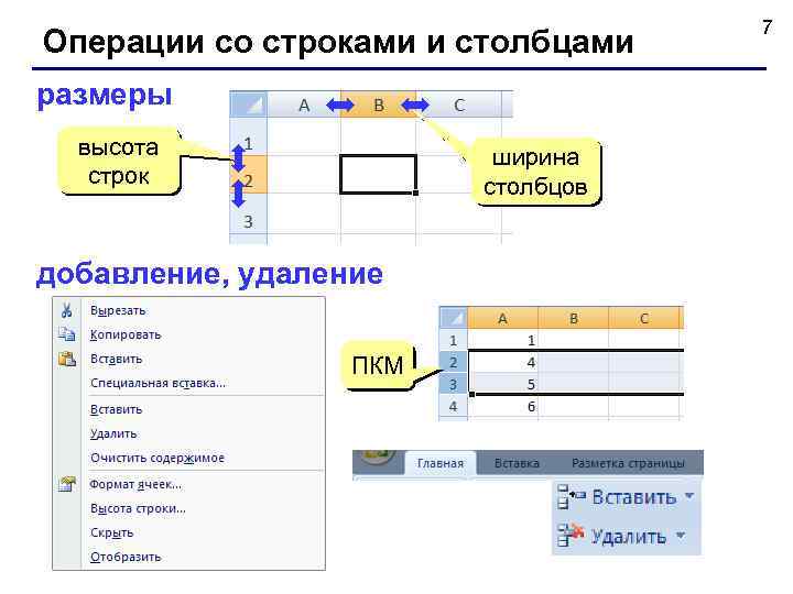 Операции со строками и столбцами размеры высота строк ширина столбцов добавление, удаление ПКМ 7