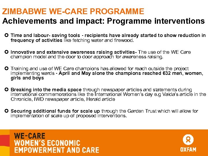 ZIMBABWE WE-CARE PROGRAMME Achievements and impact: Programme interventions Time and labour- saving tools -