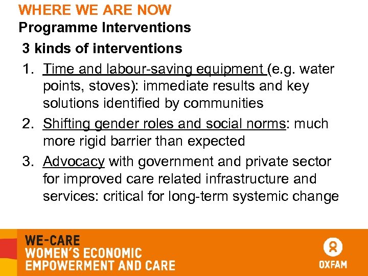 WHERE WE ARE NOW Programme Interventions 3 kinds of interventions 1. Time and labour-saving