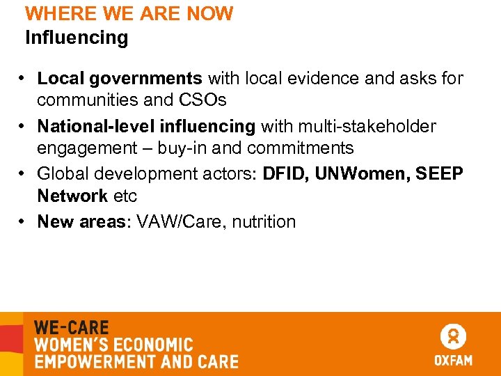 WHERE WE ARE NOW Influencing • Local governments with local evidence and asks for