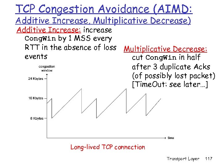 TCP Congestion Avoidance (AIMD: Additive Increase, Multiplicative Decrease) Additive Increase: increase Cong. Win by