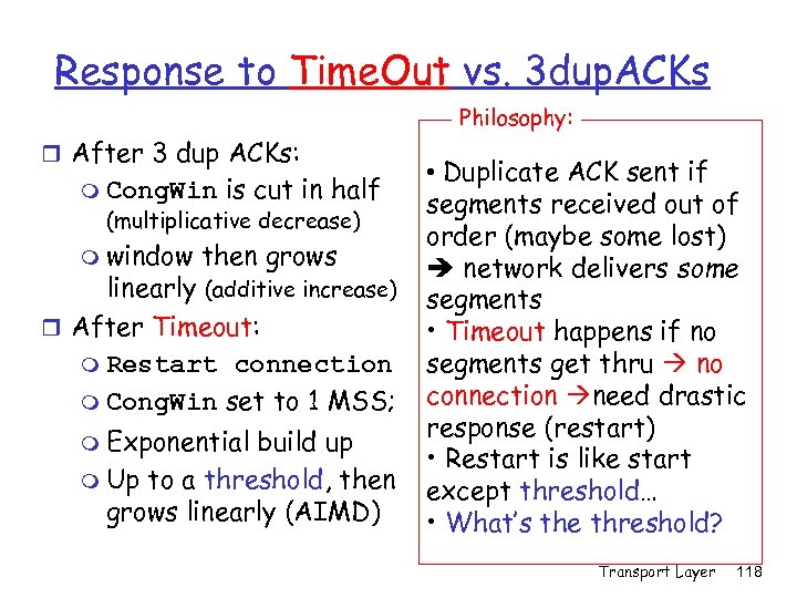Response to Time. Out vs. 3 dup. ACKs Philosophy: r After 3 dup ACKs: