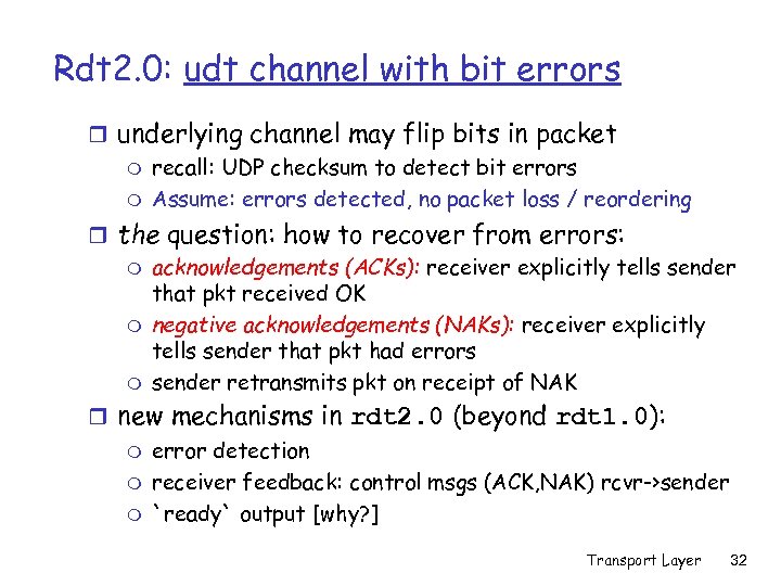Rdt 2. 0: udt channel with bit errors r underlying channel may flip bits