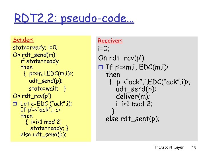 RDT 2. 2: pseudo-code… Sender: state=ready; i=0; On rdt_send(m): if state=ready then { p=<m,