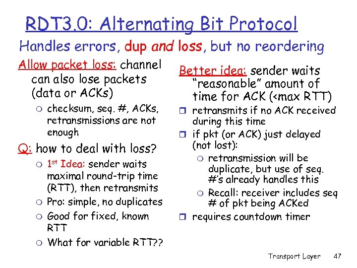 RDT 3. 0: Alternating Bit Protocol Handles errors, dup and loss, but no reordering