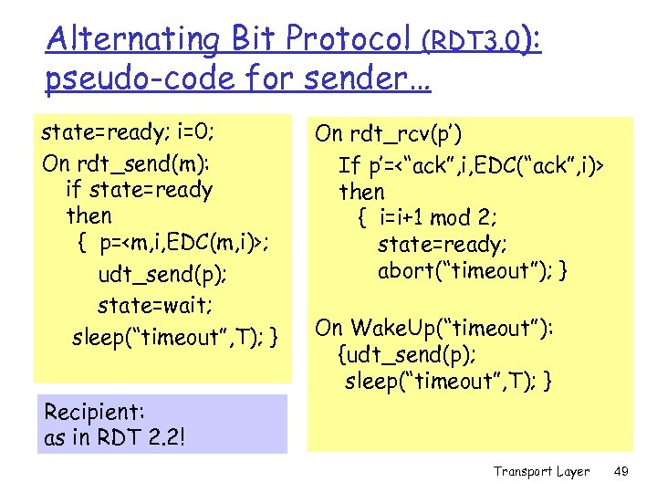 Alternating Bit Protocol (RDT 3. 0): pseudo-code for sender… state=ready; i=0; On rdt_send(m): if