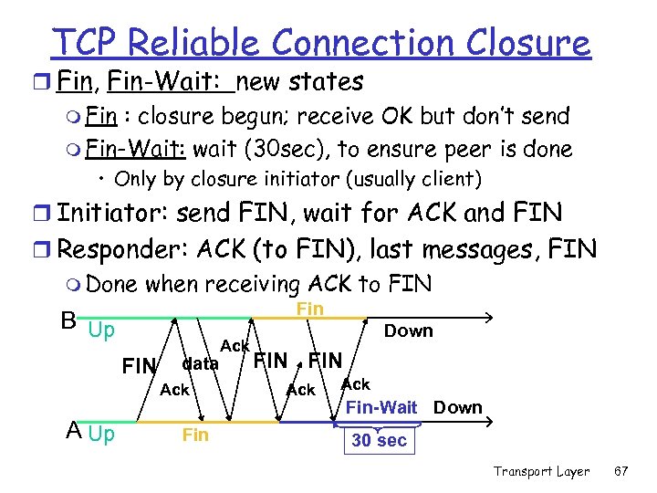 TCP Reliable Connection Closure r Fin, Fin-Wait: new states m Fin : closure begun;