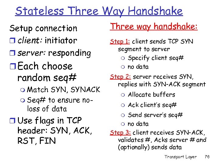 Stateless Three Way Handshake Setup connection r client: initiator r server: responding r Each
