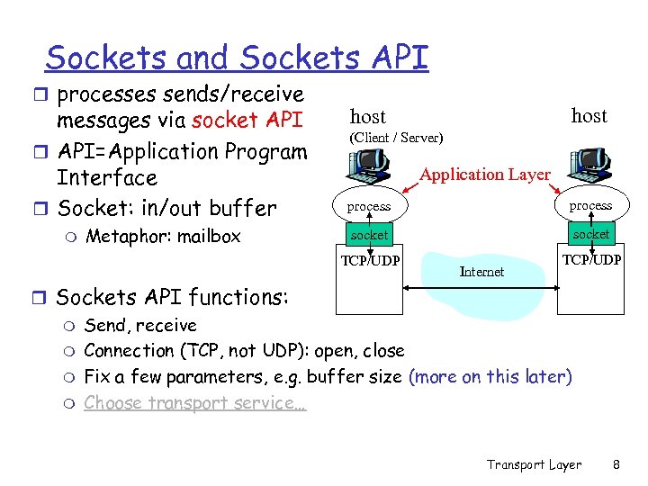 Sockets and Sockets API r processes sends/receive messages via socket API r API=Application Program