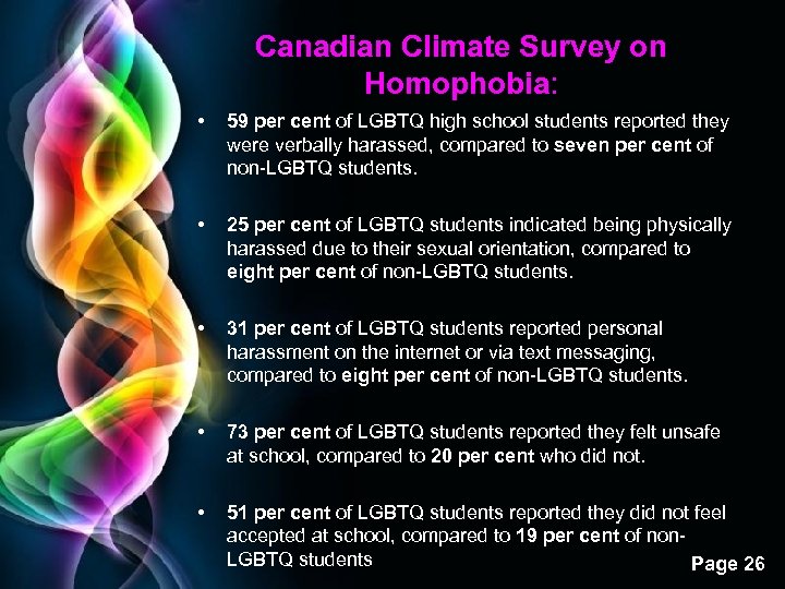 Canadian Climate Survey on Homophobia: • 59 per cent of LGBTQ high school students