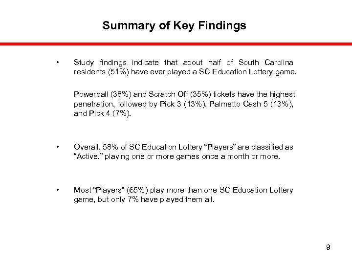 Summary of Key Findings • Study findings indicate that about half of South Carolina