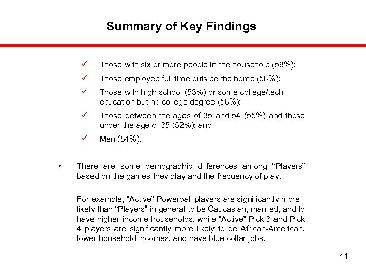 Summary of Key Findings ü ü Those employed full time outside the home (56%);