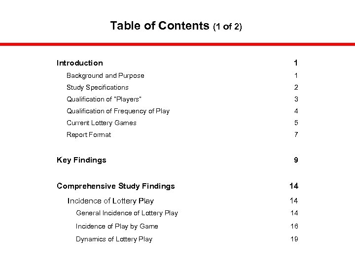 Table of Contents (1 of 2) Introduction 1 Background and Purpose 1 Study Specifications