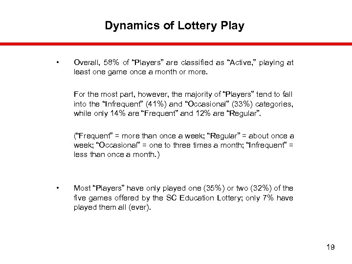 Dynamics of Lottery Play • Overall, 58% of “Players” are classified as “Active, ”