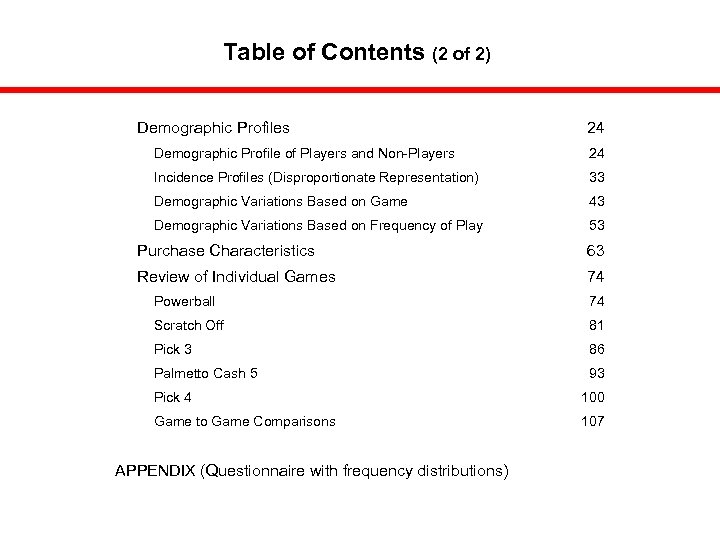 Table of Contents (2 of 2) Demographic Profiles 24 Demographic Profile of Players and