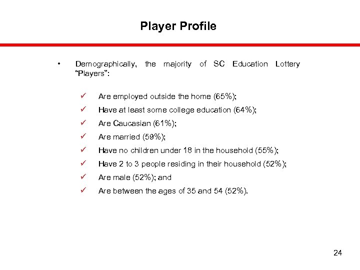 Player Profile • Demographically, the majority of SC Education Lottery “Players”: ü Are employed