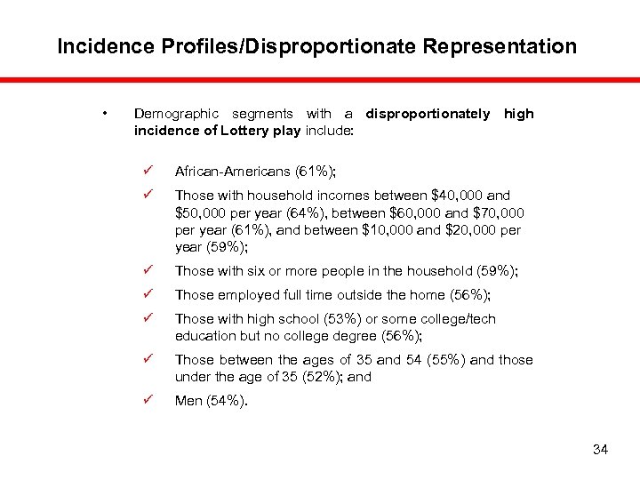 Incidence Profiles/Disproportionate Representation • Demographic segments with a disproportionately high incidence of Lottery play