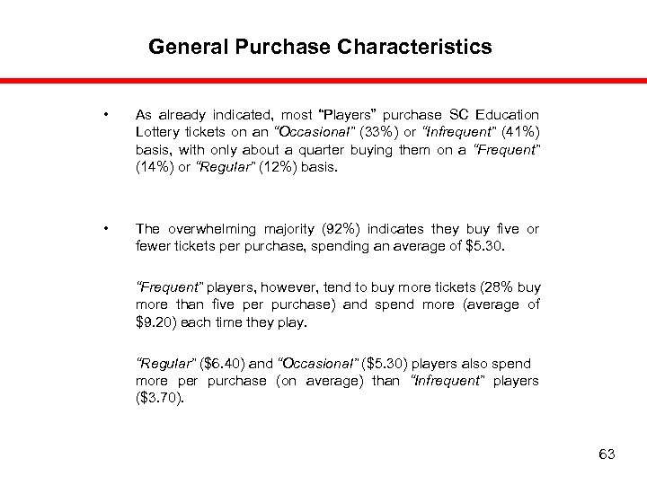 General Purchase Characteristics • As already indicated, most “Players” purchase SC Education Lottery tickets