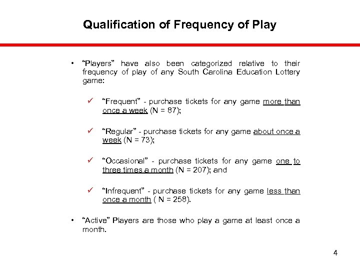 Qualification of Frequency of Play • “Players” have also been categorized relative to their