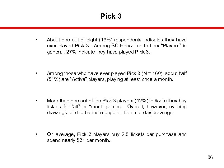 Pick 3 • About one out of eight (13%) respondents indicates they have ever