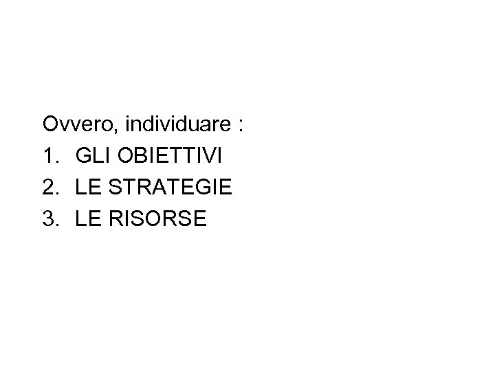 Ovvero, individuare : 1. GLI OBIETTIVI 2. LE STRATEGIE 3. LE RISORSE 