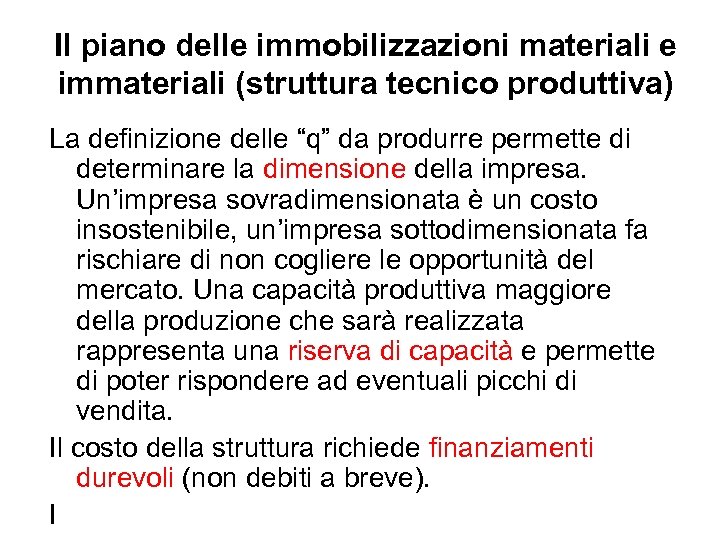 Il piano delle immobilizzazioni materiali e immateriali (struttura tecnico produttiva) La definizione delle “q”