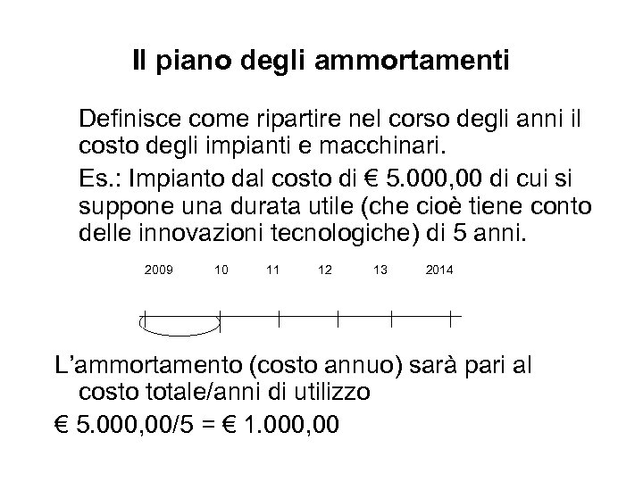 Il piano degli ammortamenti Definisce come ripartire nel corso degli anni il costo degli