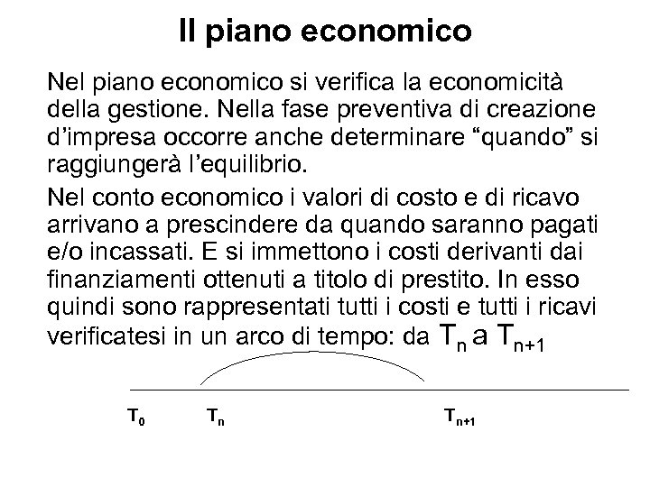 Il piano economico Nel piano economico si verifica la economicità della gestione. Nella fase