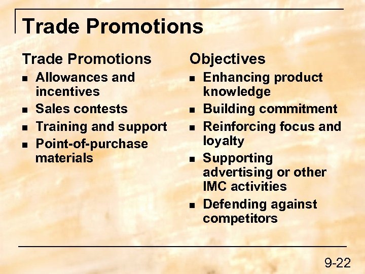 Trade Promotions n n Allowances and incentives Sales contests Training and support Point-of-purchase materials