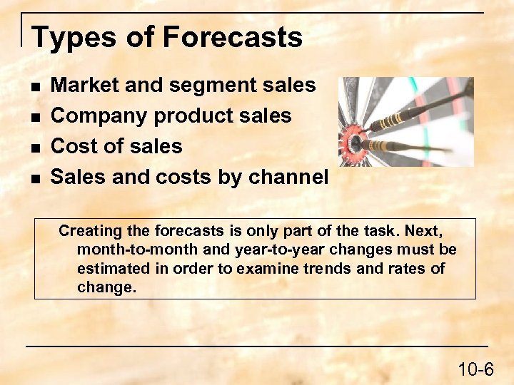 Types of Forecasts n n Market and segment sales Company product sales Cost of