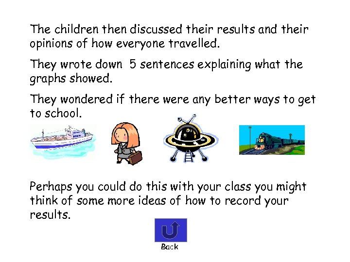The children then discussed their results and their opinions of how everyone travelled. They