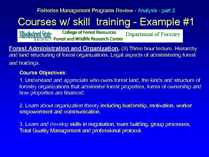  Fisheries Management Programs Review - Analysis - part 2 Courses w/ skill training