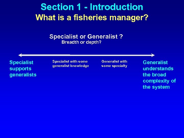 Section 1 - Introduction What is a fisheries manager? Specialist or Generalist ? Breadth