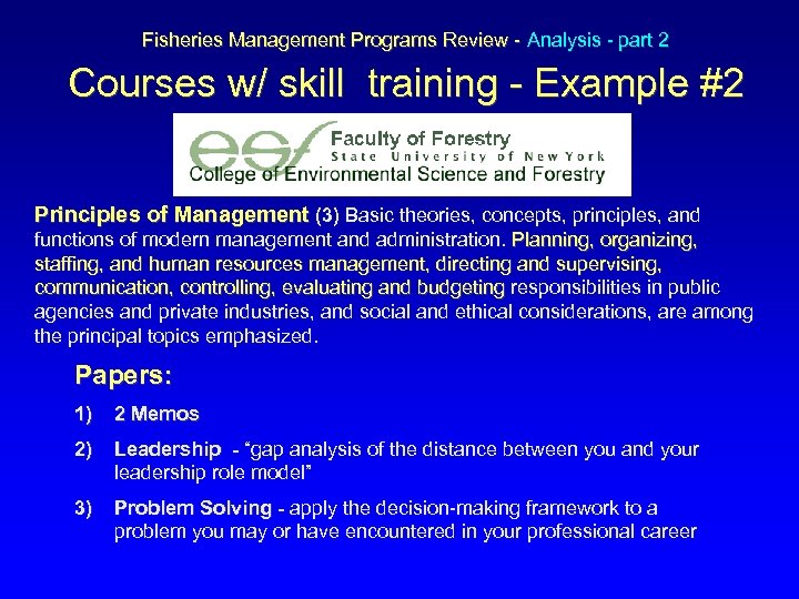  Fisheries Management Programs Review - Analysis - part 2 Courses w/ skill training