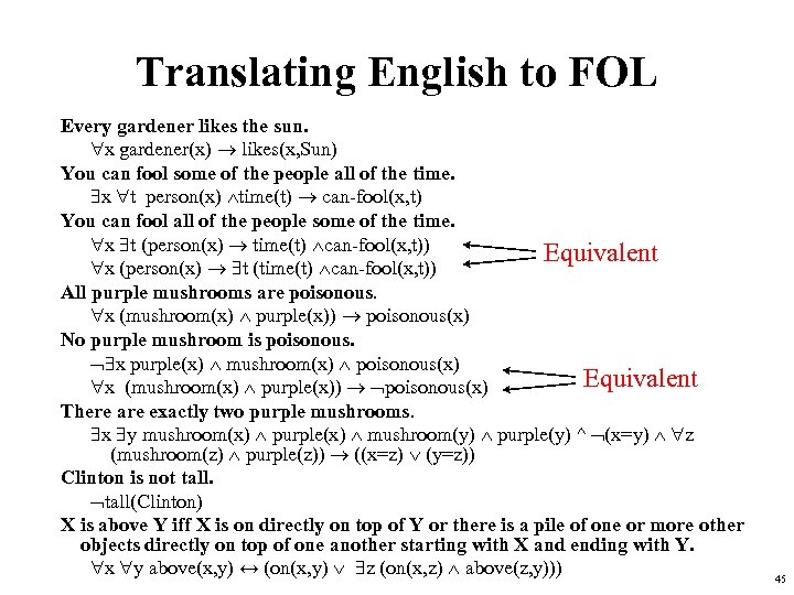 Translating English to FOL Every gardener likes the sun. x gardener(x) likes(x, Sun) You