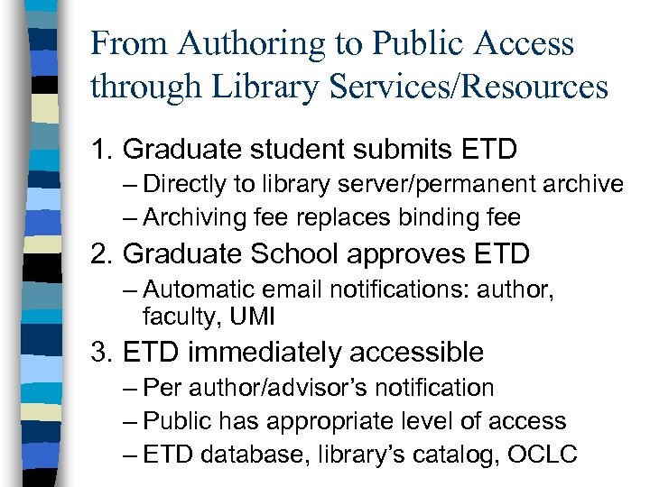 From Authoring to Public Access through Library Services/Resources 1. Graduate student submits ETD –