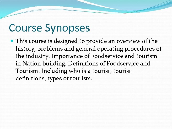 Course Synopses This course is designed to provide an overview of the history, problems