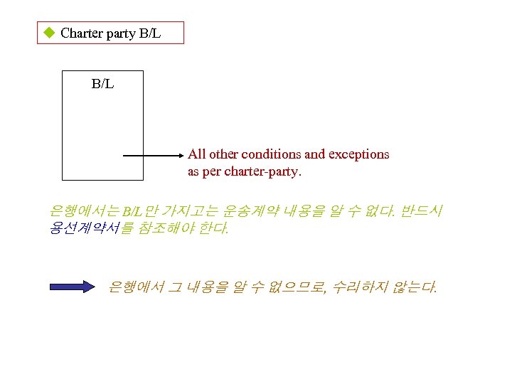 u Charter party B/L All other conditions and exceptions as per charter-party. 은행에서는 B/L만