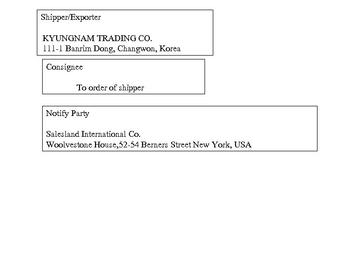 Shipper/Exporter KYUNGNAM TRADING CO. 111 -1 Banrim Dong, Changwon, Korea Consignee To order of