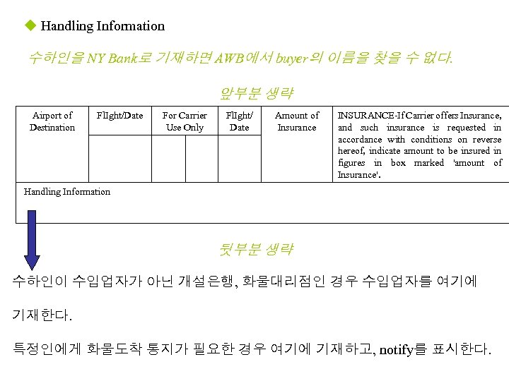u Handling Information 수하인을 NY Bank로 기재하면 AWB에서 buyer의 이름을 찾을 수 없다. 앞부분