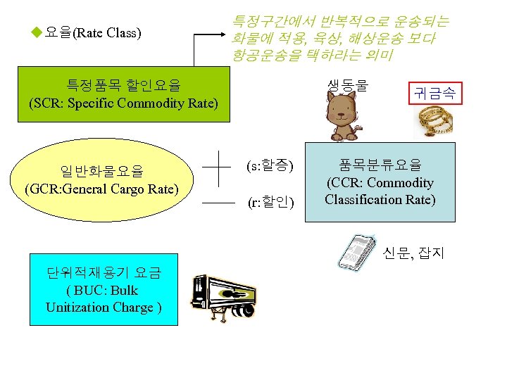 u요율(Rate Class) 특정구간에서 반복적으로 운송되는 화물에 적용, 육상, 해상운송 보다 항공운송을 택하라는 의미 생동물