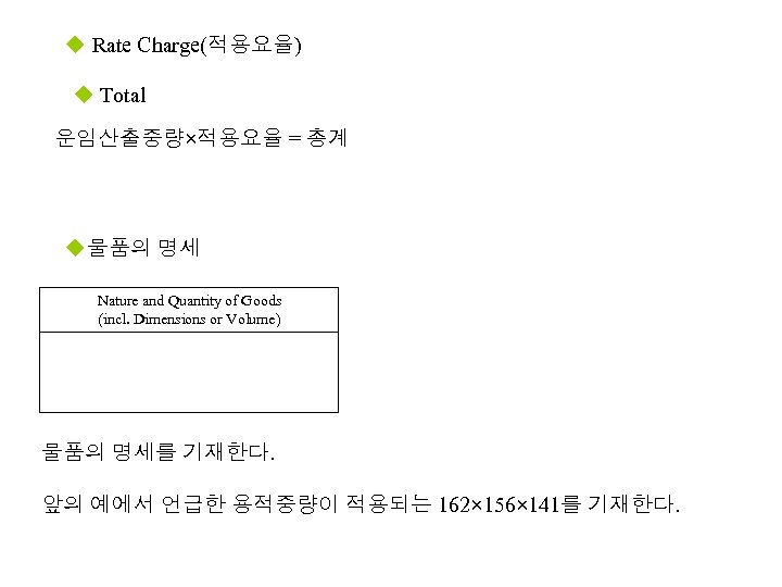 u Rate Charge(적용요율) u Total 운임산출중량×적용요율 = 총계 u물품의 명세 Nature and Quantity of