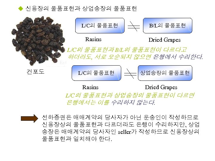 u 신용장의 물품표현과 상업송장의 물품표현 L/C의 물품표현 Rasins B/L의 물품표현 Dried Grapes L/C의 물품표현과