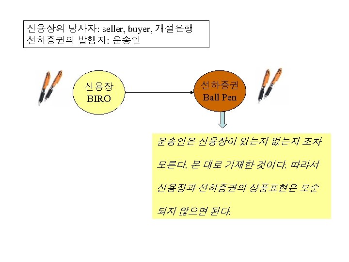 신용장의 당사자: seller, buyer, 개설은행 선하증권의 발행자: 운송인 신용장 BIRO 선하증권 Ball Pen 운송인은