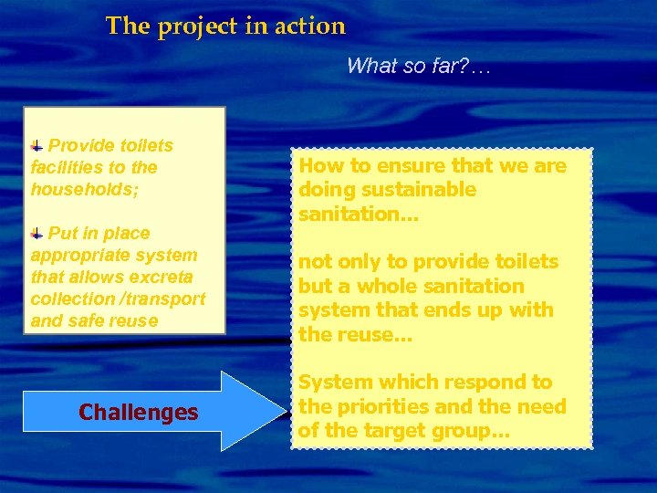 The project in action What so far? … Provide toilets facilities to the households;